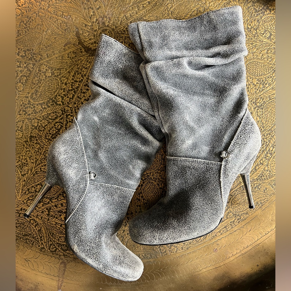NaNa Gray Heeled Leather Mid-Calf Boots